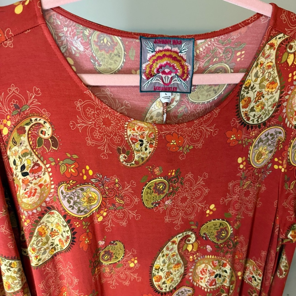 Johnny Was Red Floral Paisley Long Sleeve Dress NWT